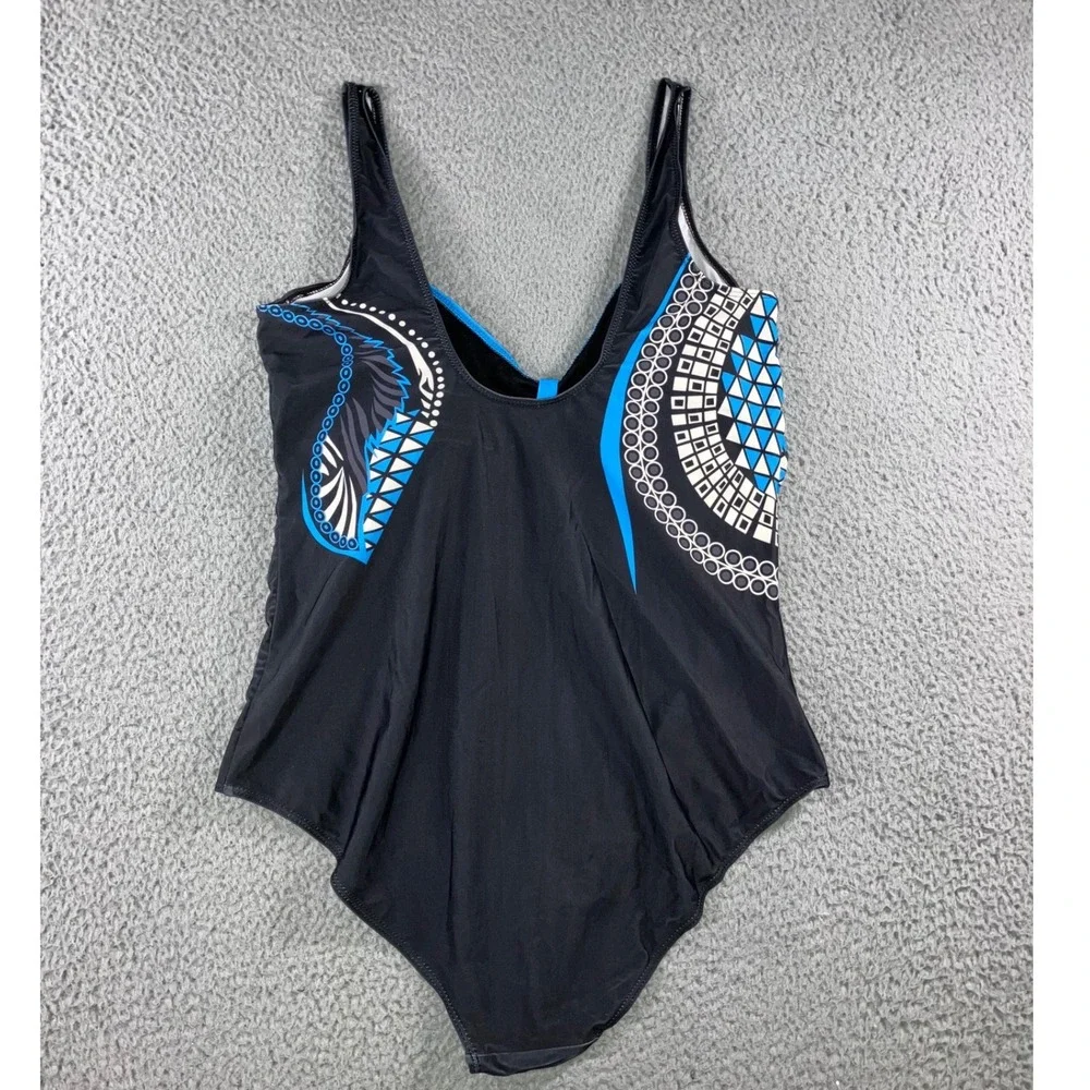 One‎ Piece Swimsuit Women 2XL Black Blue Geometric Tribal Print V-Neck Abstract